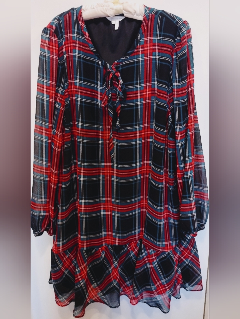 DRAPER JAMES Red & Black Plaid Tie-Neck Tunic Dress (#E-9)